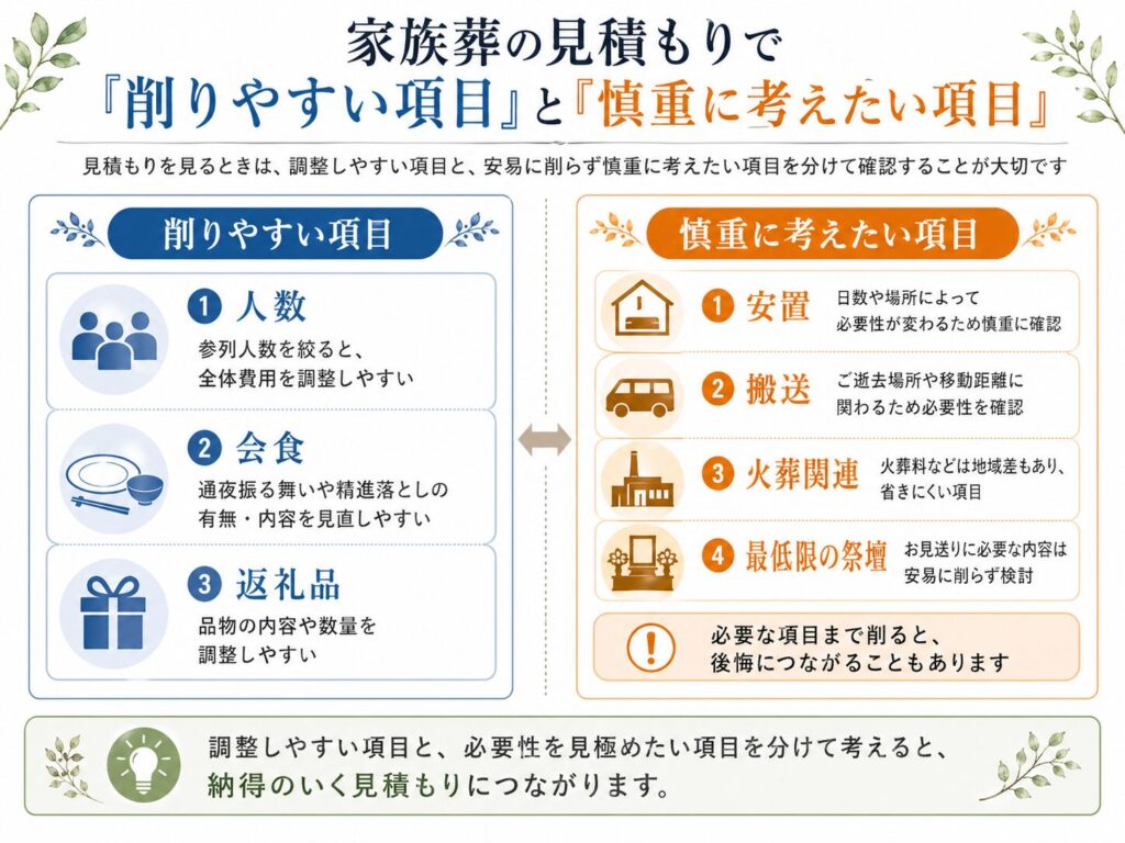 家族葬の見積もりで「削りやすい項目」と「慎重に考えたい項目」